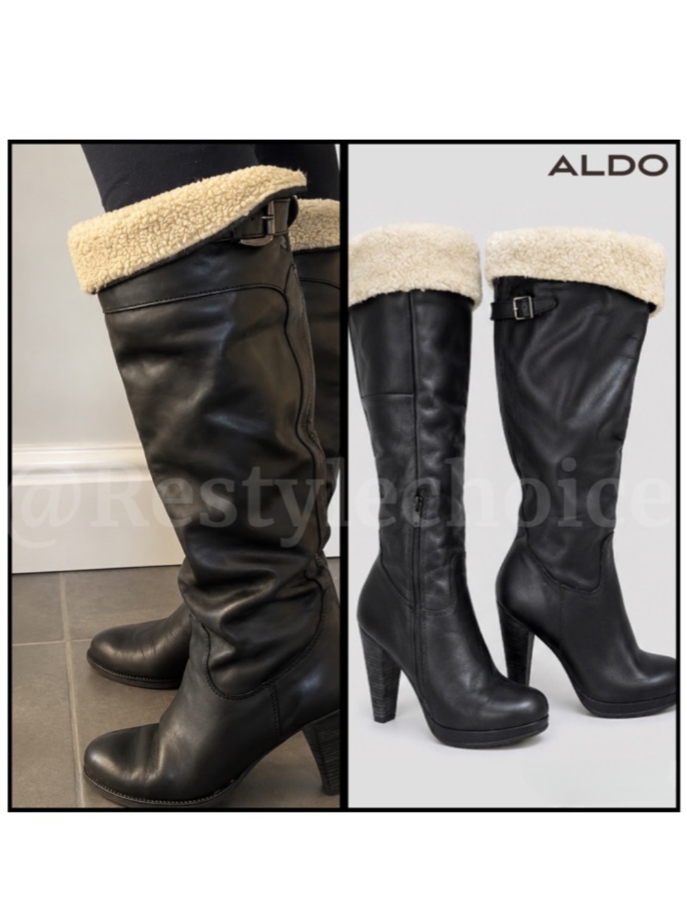 ALDO vintage  Tall Black Leather Boots with Shearling Cuff